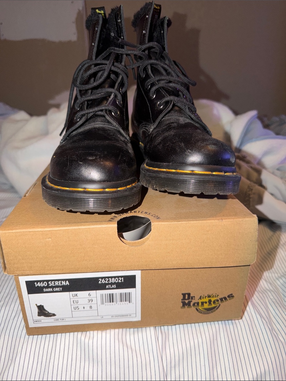 Dr. Martens Serena Black Leather Lace-Up Combat Boots with Yellow Welt Fur lined